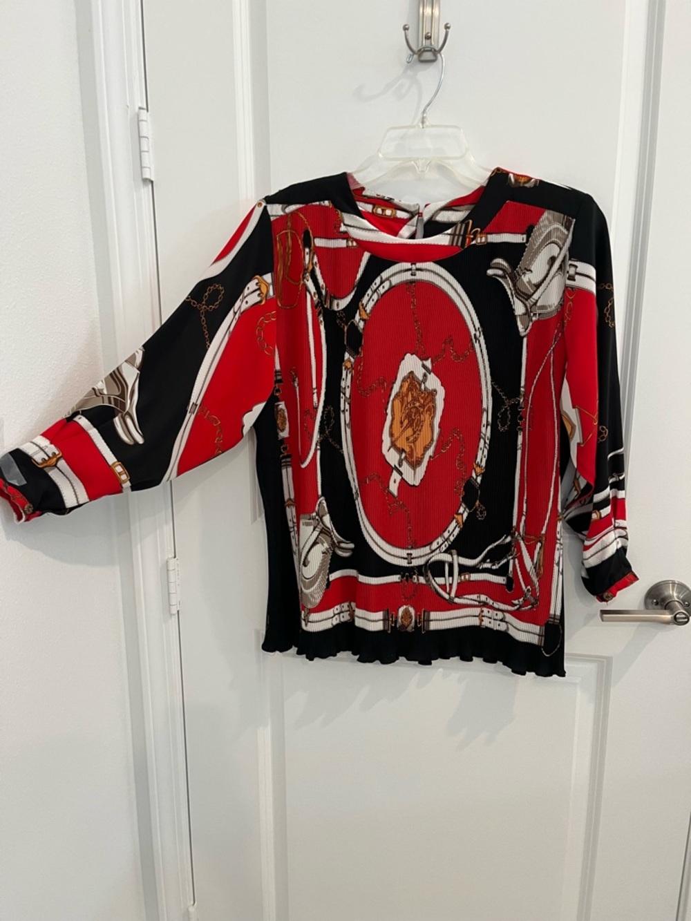 Pleated Red & Black Chain Print Blouse
